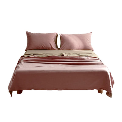 Cosy Club Washed Cotton Sheet Set Pink Brown Queen