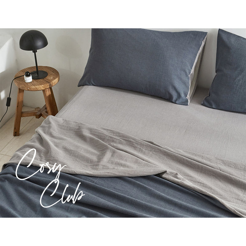 Cosy Club Sheet Set Cotton Sheets Single Blue Dark Grey