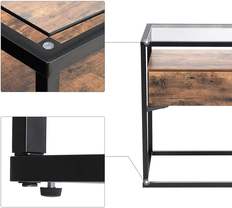 VASAGLE Side Table Tempered Glass End Table with Drawer and Shelf Rustic Brown and Black LET04BX