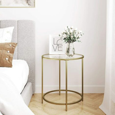 VASAGLE Round Side Table Tempered Glass End Table With Golden Metal Frame Small Coffee Table Gold LGT20G