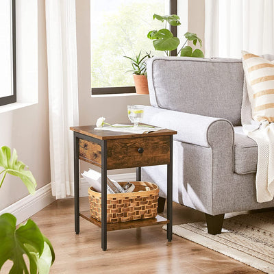 VASAGLE End Table with Drawer and Shelf Rustic Brown and Black LET55BXV1