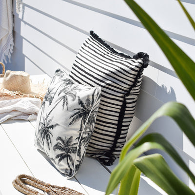 Cushion Cover-Coastal Fringe Black-Paint Stripes-60cm x 60cm