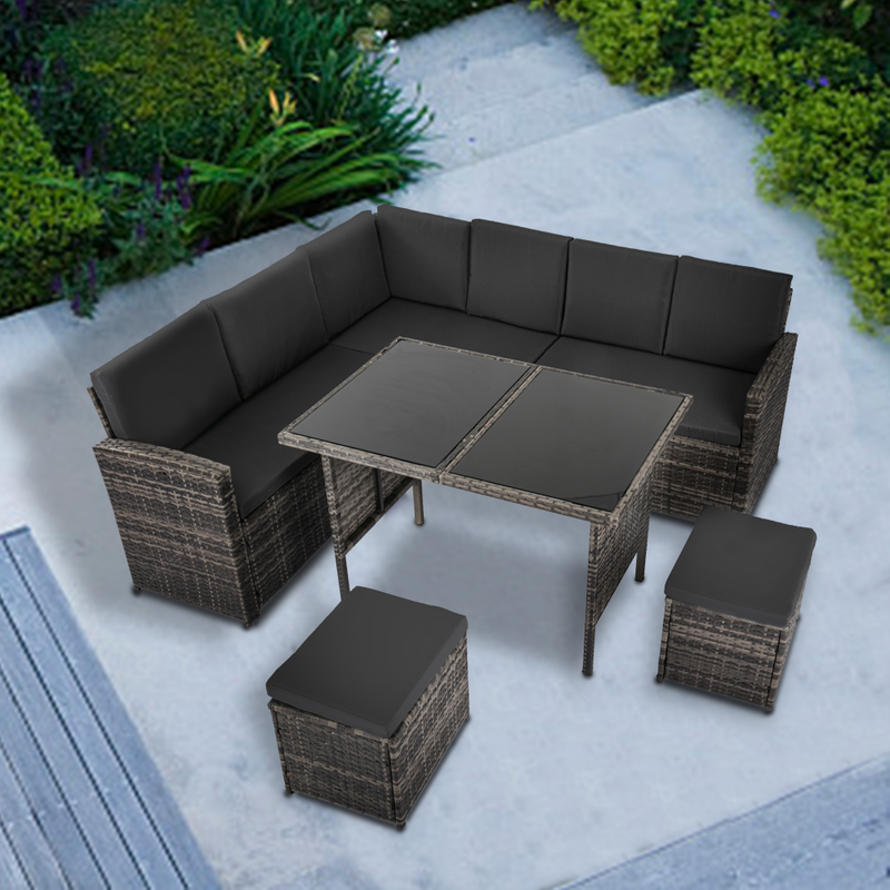 Ella 8-Seater Modular Outdoor Garden Lounge and Dining Set with Table and Stools in Dark Grey Weave