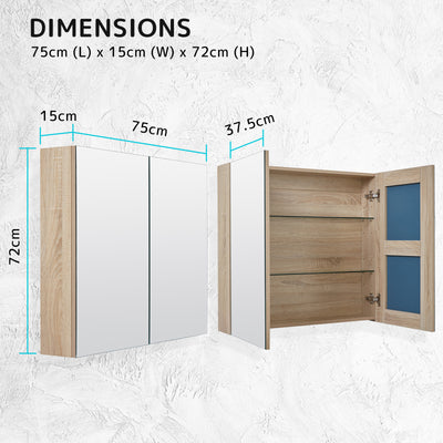 La Bella Oak Bathroom Mirror Cabinet Wall Twin Door Shaving Storage 75 x 72 cm